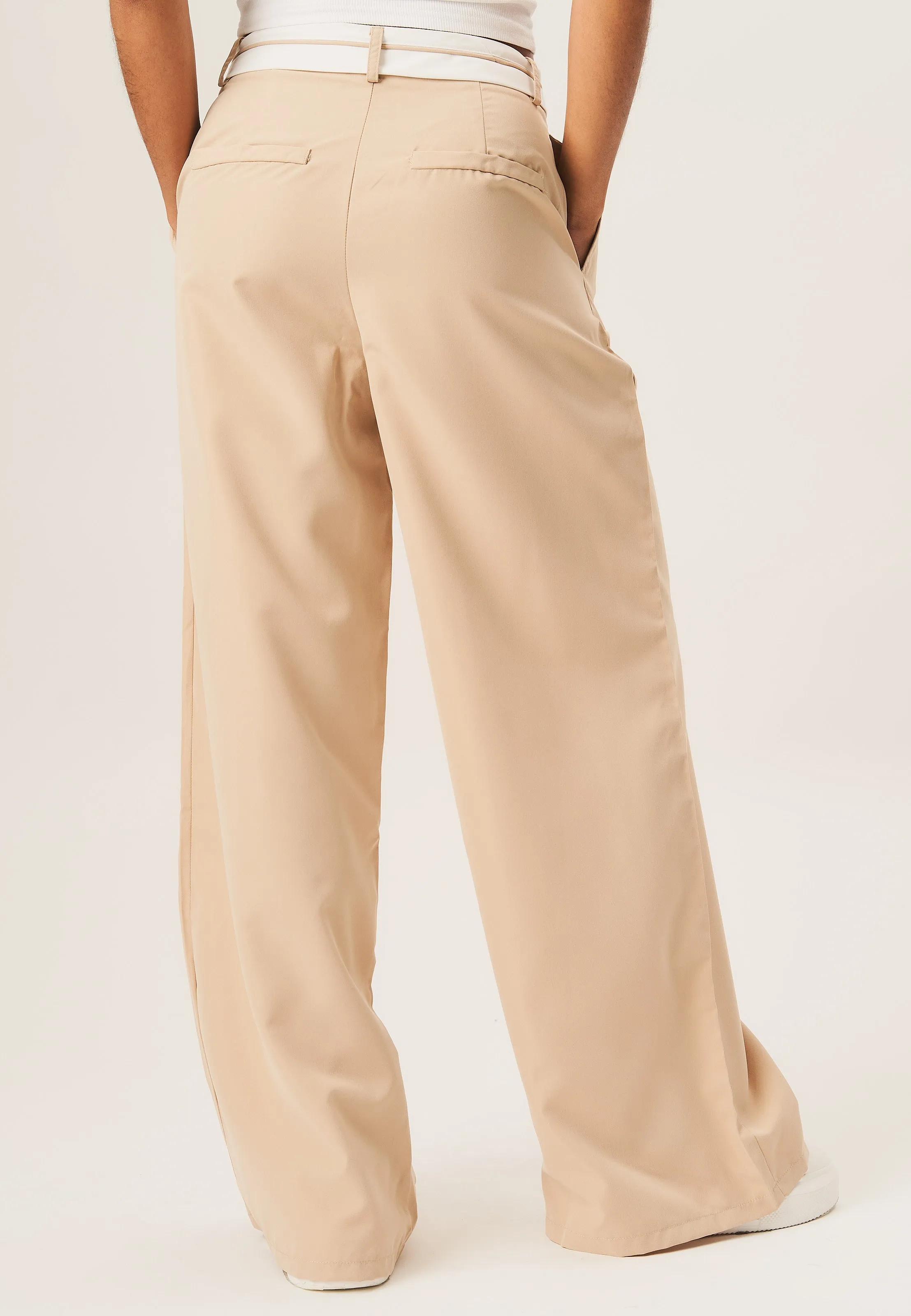 Beige Tailored Wide Leg Trousers