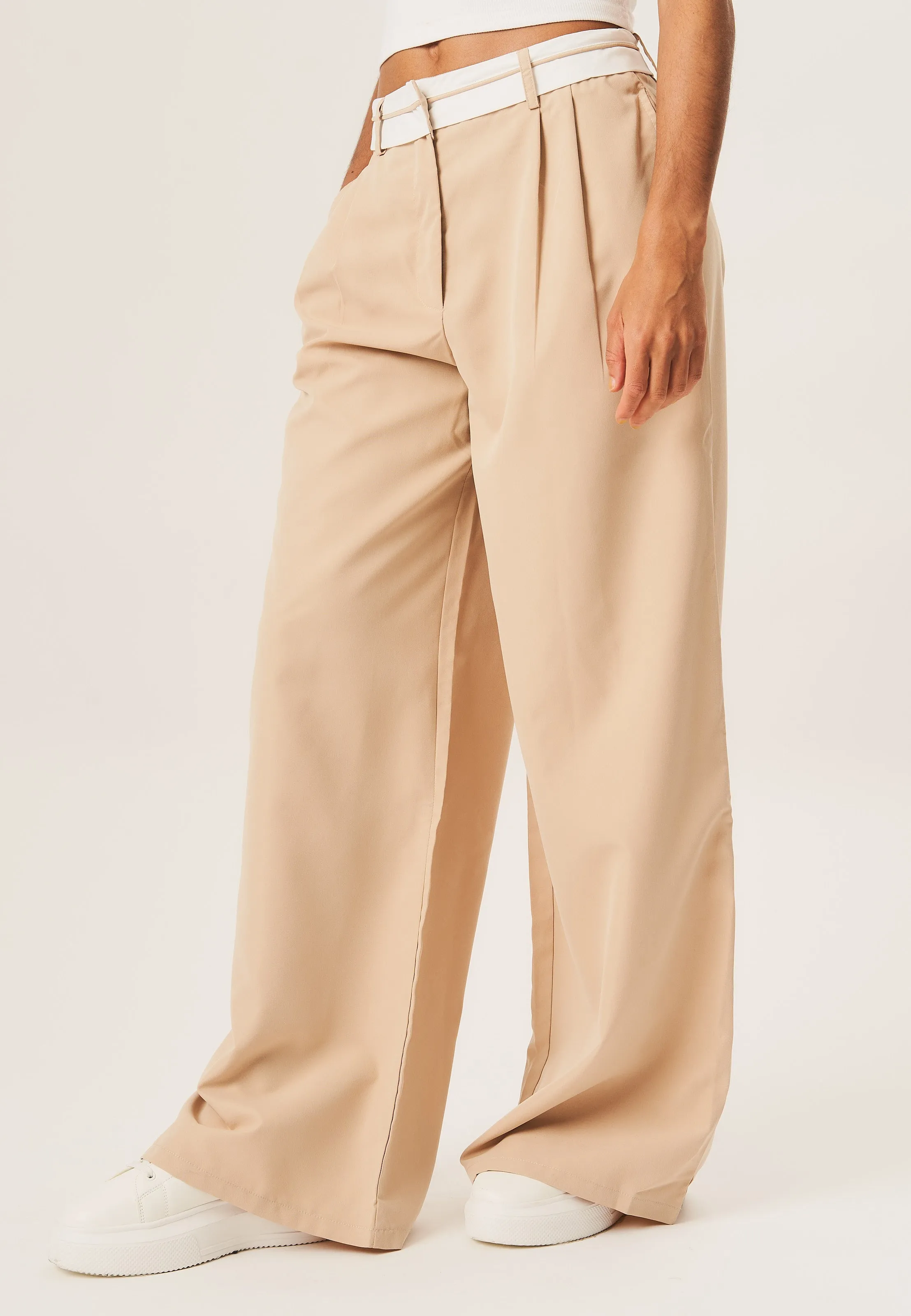 Beige Tailored Wide Leg Trousers