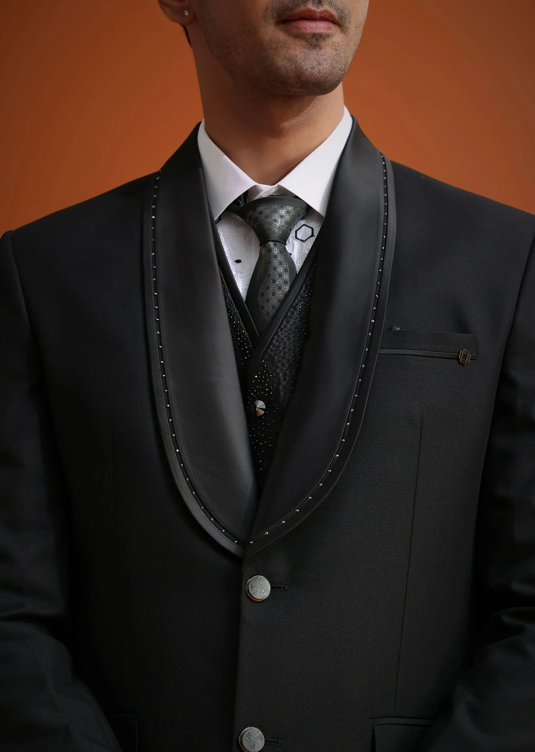 Black Stone Work Terry Rayon Tuxedo And Pant Set