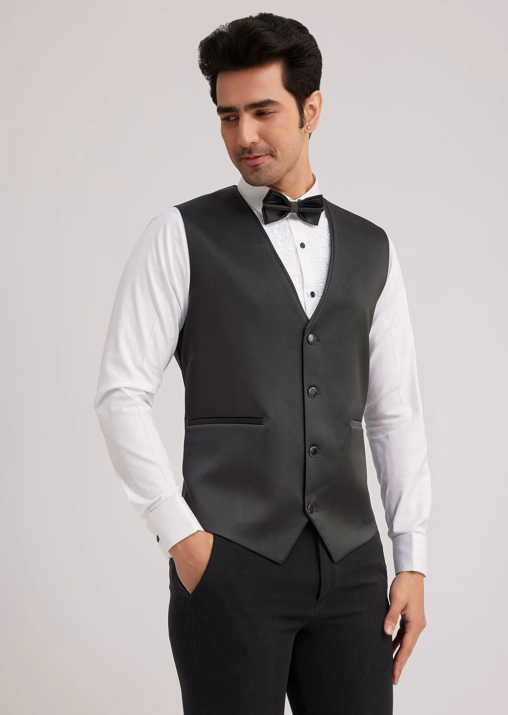 Black Suiting Tuxedo With Metallic Chain And Stone Work