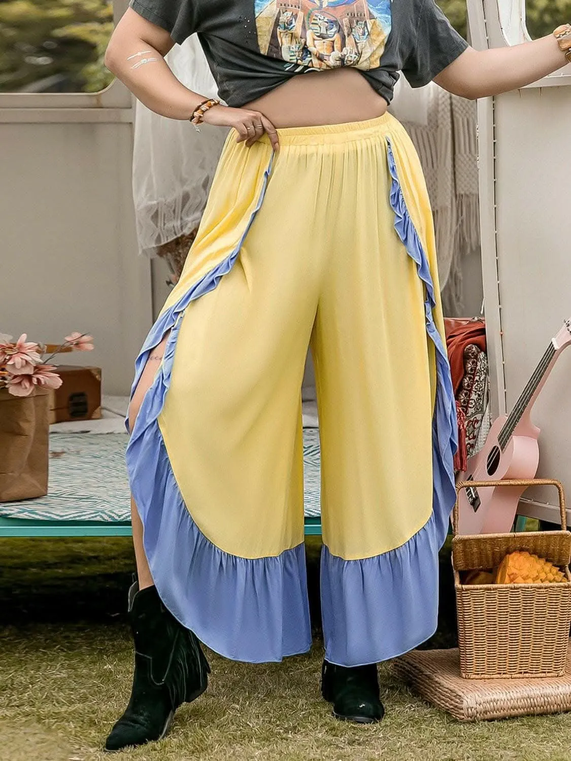 Chic ruffled wide leg pants