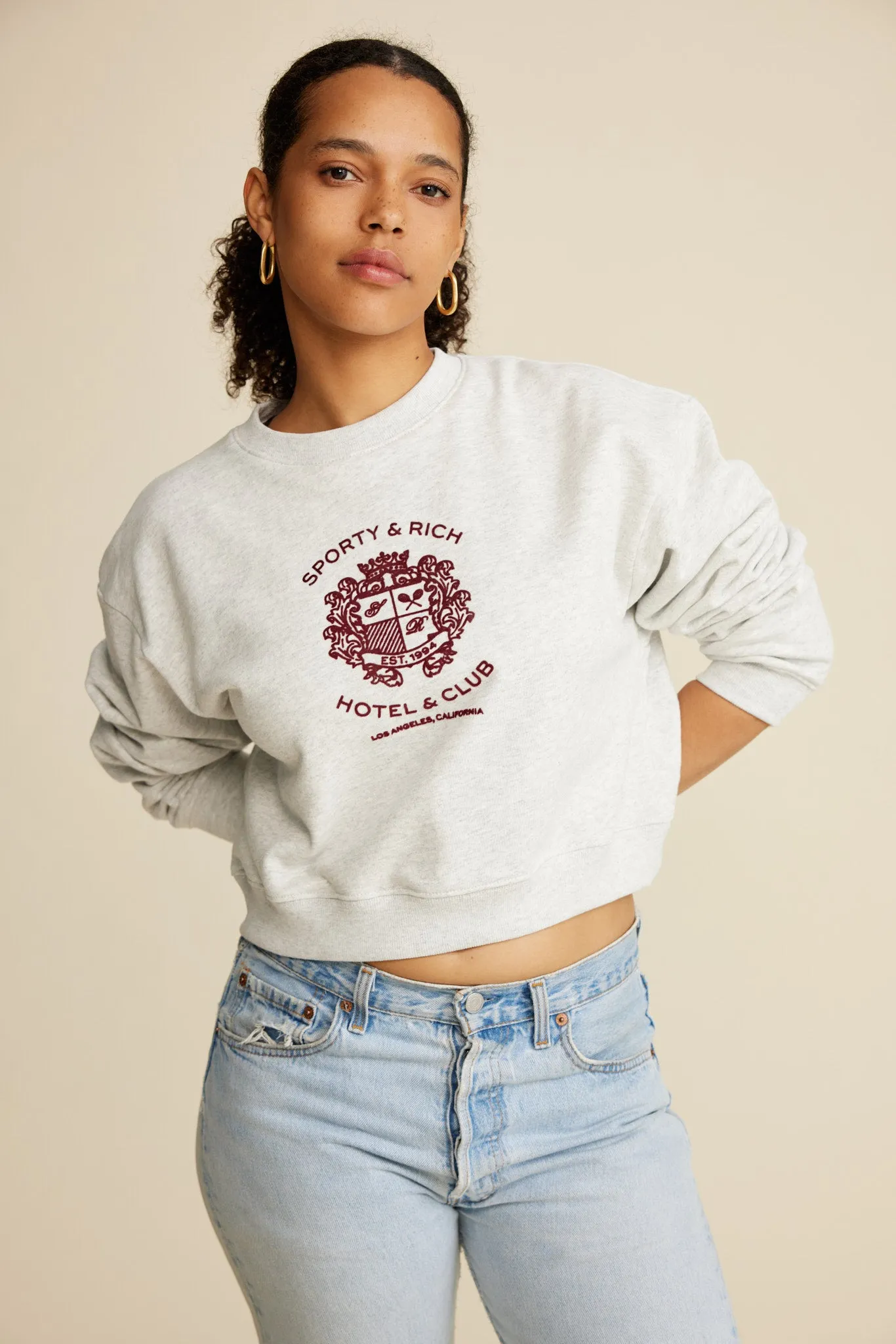 Hotel Flocked Cropped Crewneck - Heather Gray/Maroon