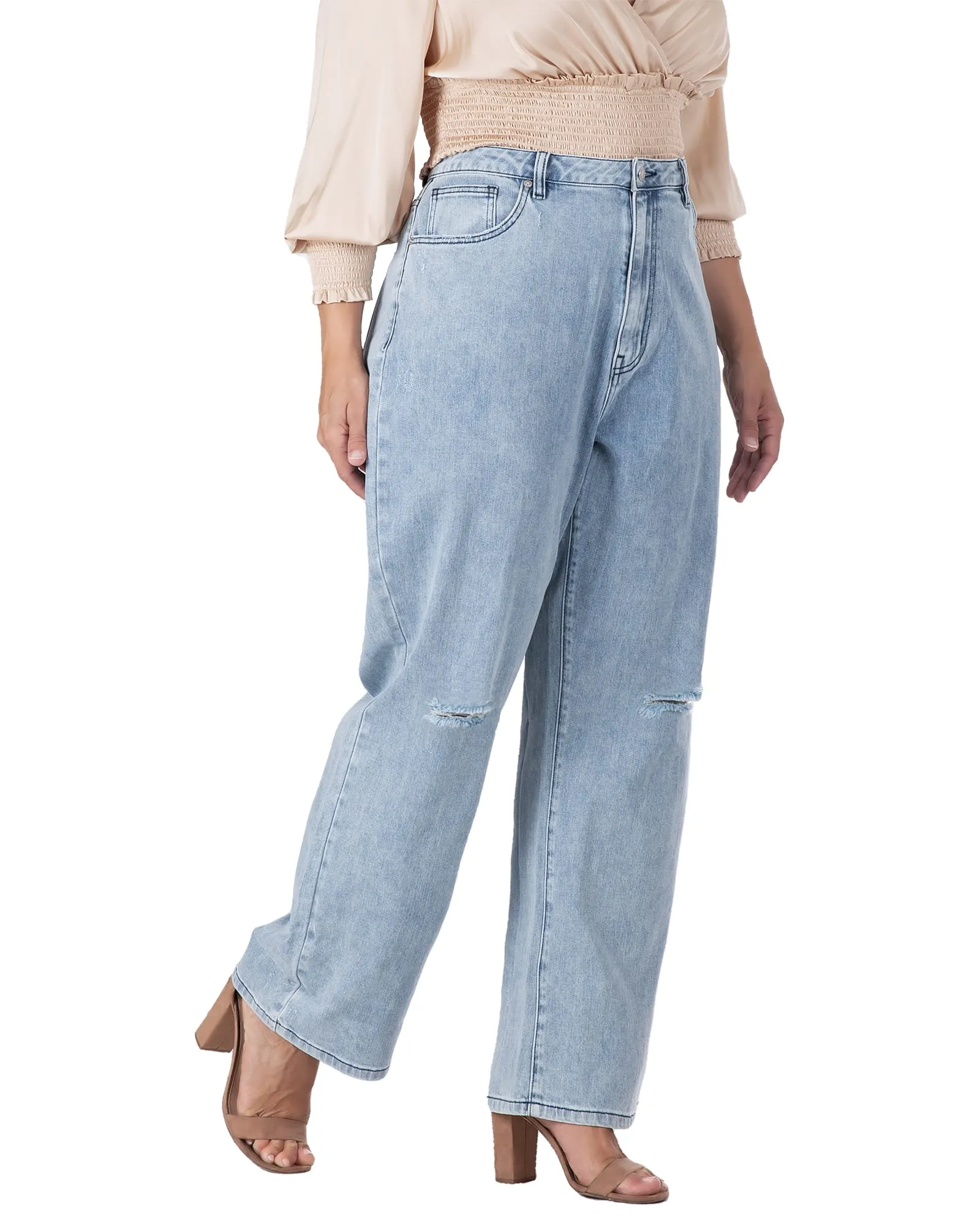 Women's Subtle Distressed Boyfriend Jeans | Stone Wash Blue