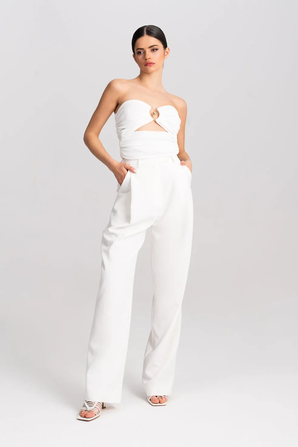 'Zahra' White Pleated Wide-leg Trousers
