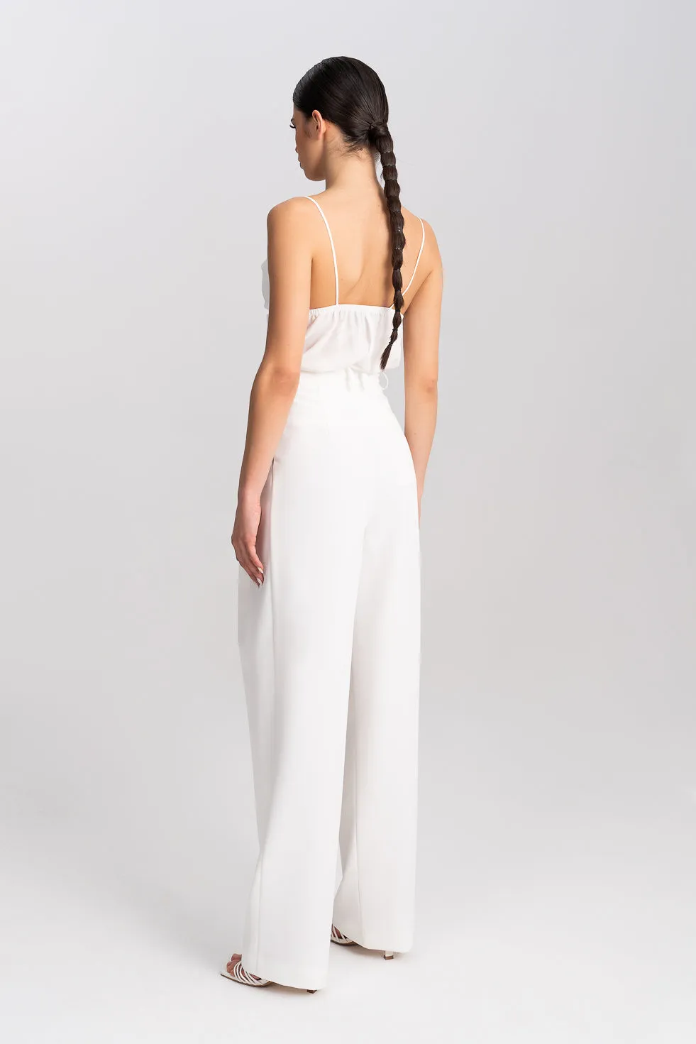 'Zahra' White Pleated Wide-leg Trousers